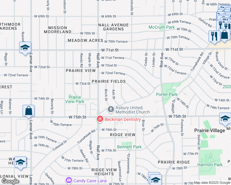 map of restaurants, bars, coffee shops, grocery stores, and more near 7336 Ash Street in Prairie Village