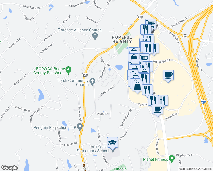 map of restaurants, bars, coffee shops, grocery stores, and more near 500 Windridge Lane in Florence