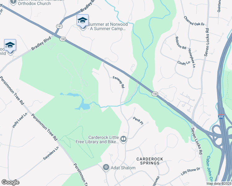 map of restaurants, bars, coffee shops, grocery stores, and more near 8601 Fenway Drive in Bethesda