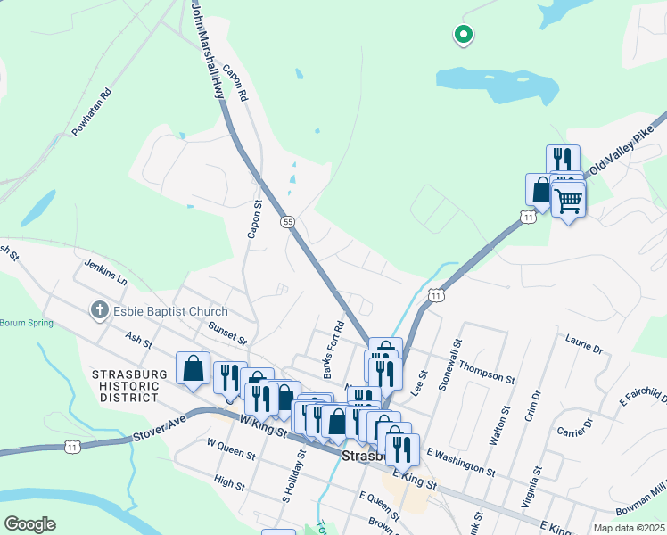 map of restaurants, bars, coffee shops, grocery stores, and more near 212 Pendleton Lane in Strasburg