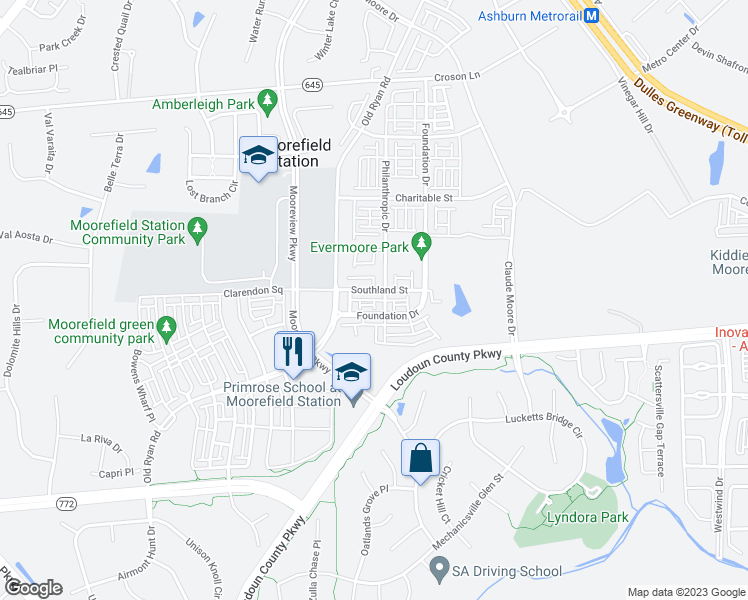 map of restaurants, bars, coffee shops, grocery stores, and more near Bowdoin Alley in Ashburn