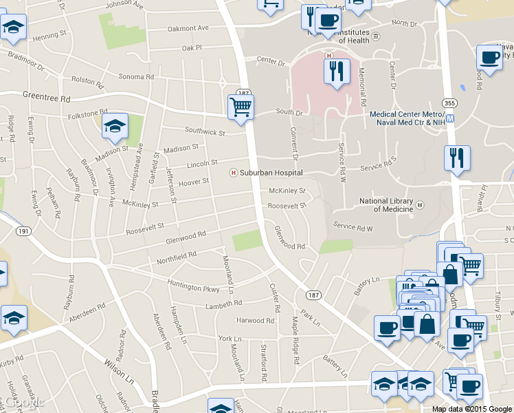 map of restaurants, bars, coffee shops, grocery stores, and more near 8506 Old Georgetown Road in Bethesda