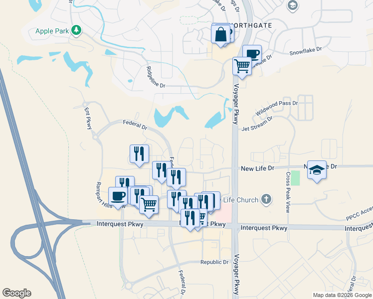 map of restaurants, bars, coffee shops, grocery stores, and more near 11157 Modern Meadow Loop in Colorado Springs