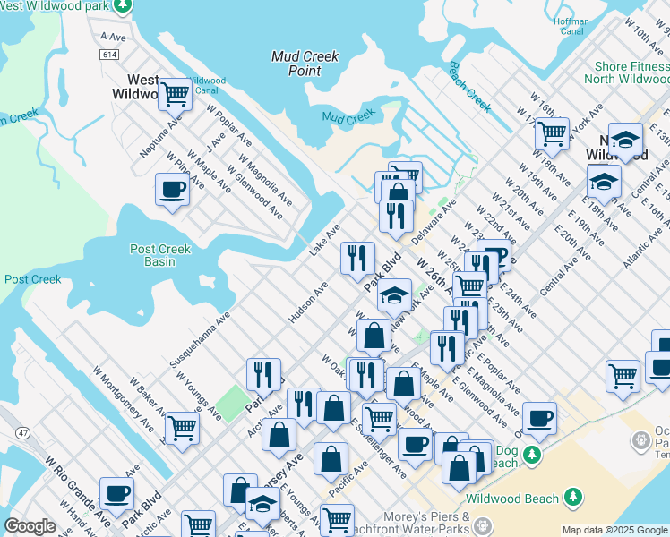 map of restaurants, bars, coffee shops, grocery stores, and more near 401 West Maple Avenue in Wildwood