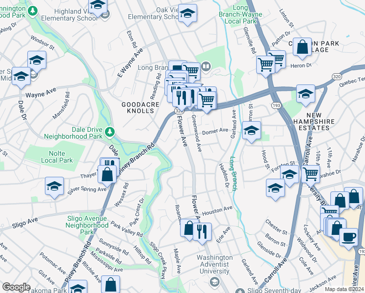 map of restaurants, bars, coffee shops, grocery stores, and more near 8503 Flower Avenue in Takoma Park