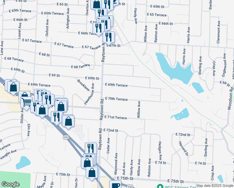 map of restaurants, bars, coffee shops, grocery stores, and more near 10112 East 70th Terrace in Raytown