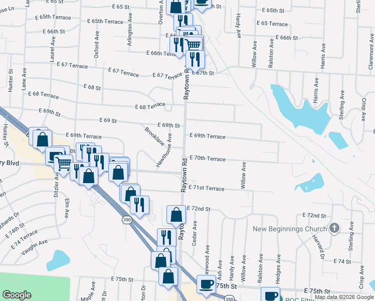 map of restaurants, bars, coffee shops, grocery stores, and more near 7005 Raytown Road in Raytown