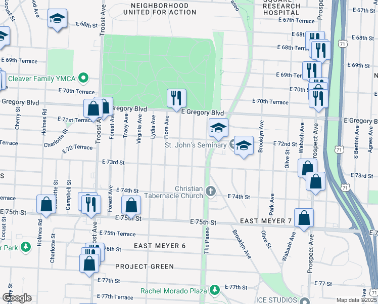 map of restaurants, bars, coffee shops, grocery stores, and more near 7230 Highland Avenue in Kansas City