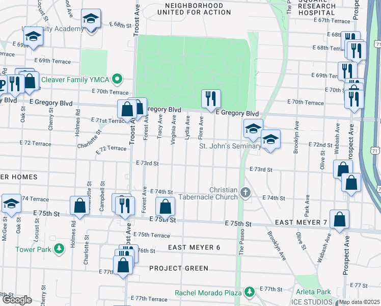 map of restaurants, bars, coffee shops, grocery stores, and more near 7233 Lydia Avenue in Kansas City