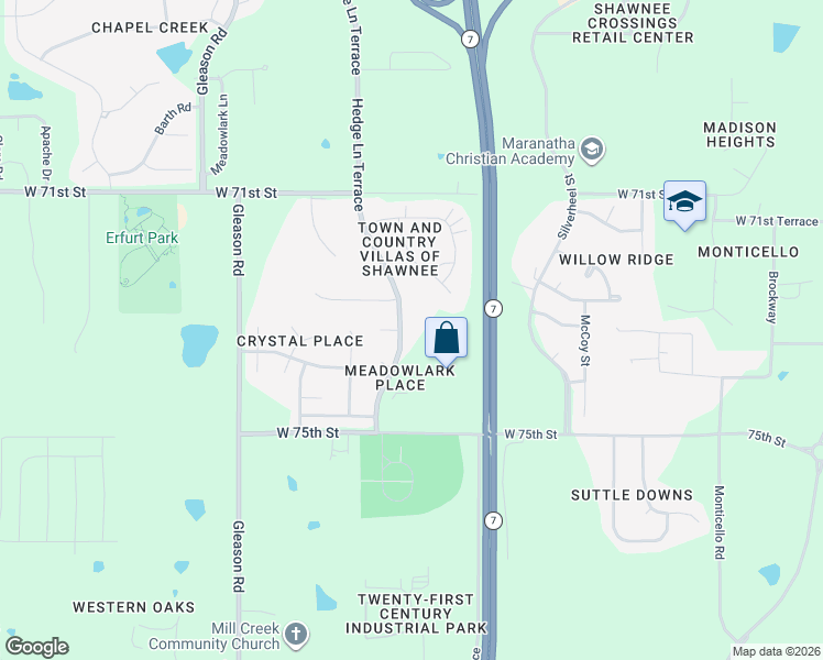 map of restaurants, bars, coffee shops, grocery stores, and more near 7303 Hedge Lane Terrace in Shawnee