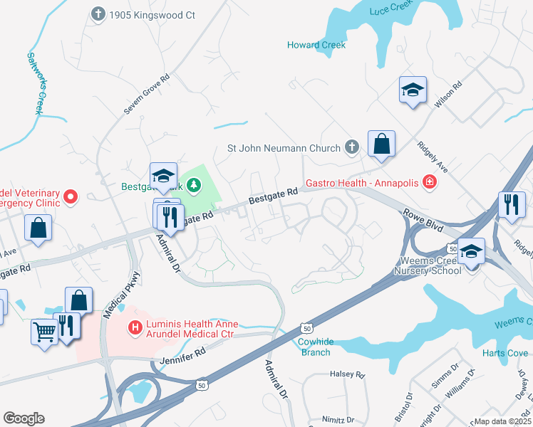 map of restaurants, bars, coffee shops, grocery stores, and more near 2002 Phillips Terrace in Annapolis