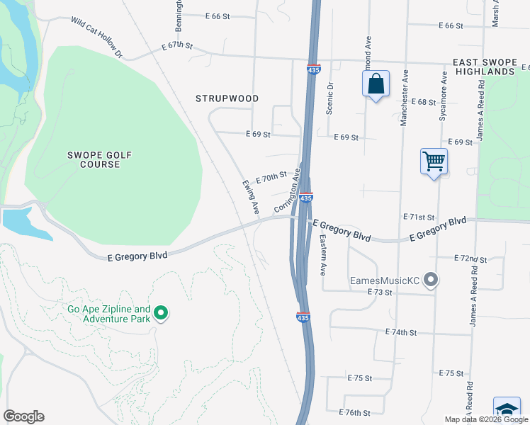 map of restaurants, bars, coffee shops, grocery stores, and more near 7000 East Gregory Boulevard in Kansas City