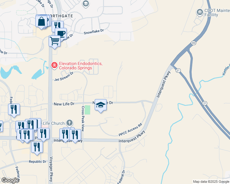 map of restaurants, bars, coffee shops, grocery stores, and more near 11499 Rill Point in Colorado Springs