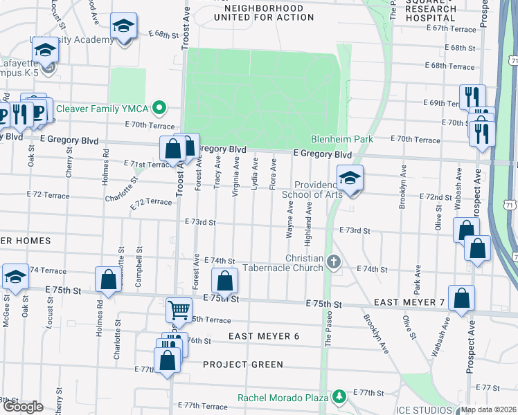 map of restaurants, bars, coffee shops, grocery stores, and more near 7233 Lydia Avenue in Kansas City