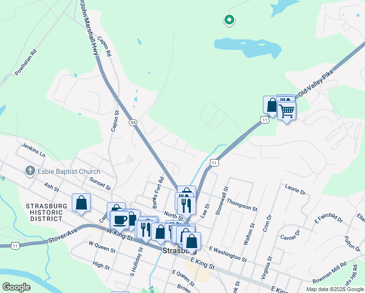map of restaurants, bars, coffee shops, grocery stores, and more near 103 Cannon Court in Strasburg