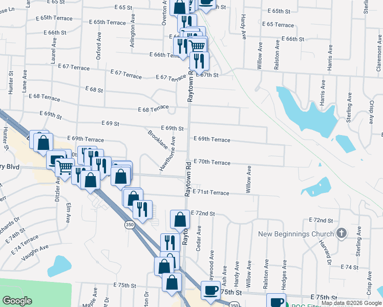 map of restaurants, bars, coffee shops, grocery stores, and more near 7005 Raytown Road in Raytown