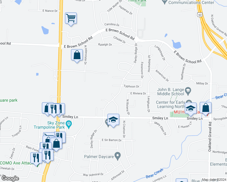 map of restaurants, bars, coffee shops, grocery stores, and more near 1505 Riva Ridge Court in Columbia