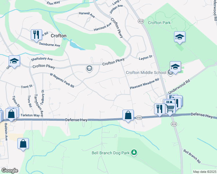 map of restaurants, bars, coffee shops, grocery stores, and more near 1301 Peartree Court in Crofton