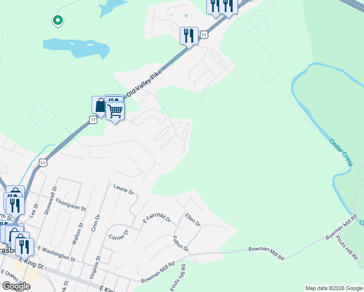 map of restaurants, bars, coffee shops, grocery stores, and more near 46 Courtney Circle in Strasburg