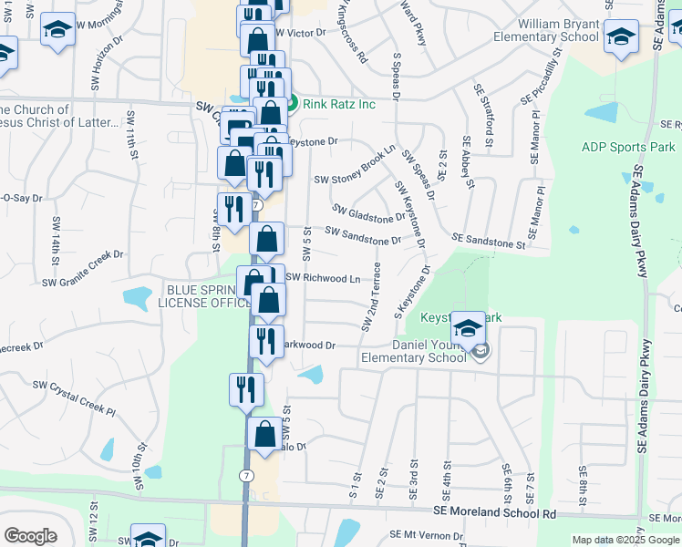 map of restaurants, bars, coffee shops, grocery stores, and more near 309 Southwest Richwood Lane in Blue Springs