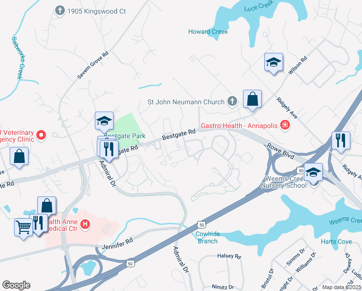 map of restaurants, bars, coffee shops, grocery stores, and more near 2003 Phillips Terrace in Annapolis