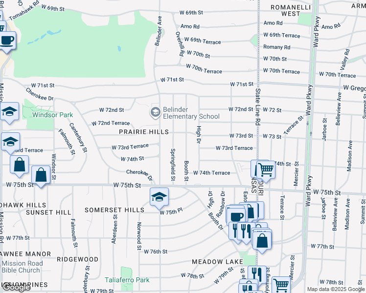 map of restaurants, bars, coffee shops, grocery stores, and more near 7328 Booth Street in Prairie Village