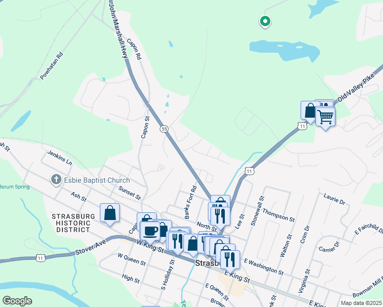 map of restaurants, bars, coffee shops, grocery stores, and more near 212 Pendleton Lane in Strasburg