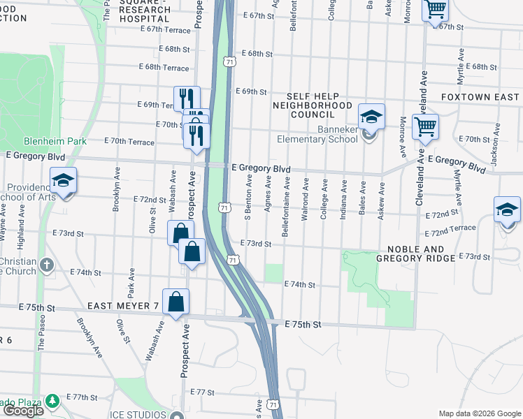 map of restaurants, bars, coffee shops, grocery stores, and more near 7212 Agnes Avenue in Kansas City