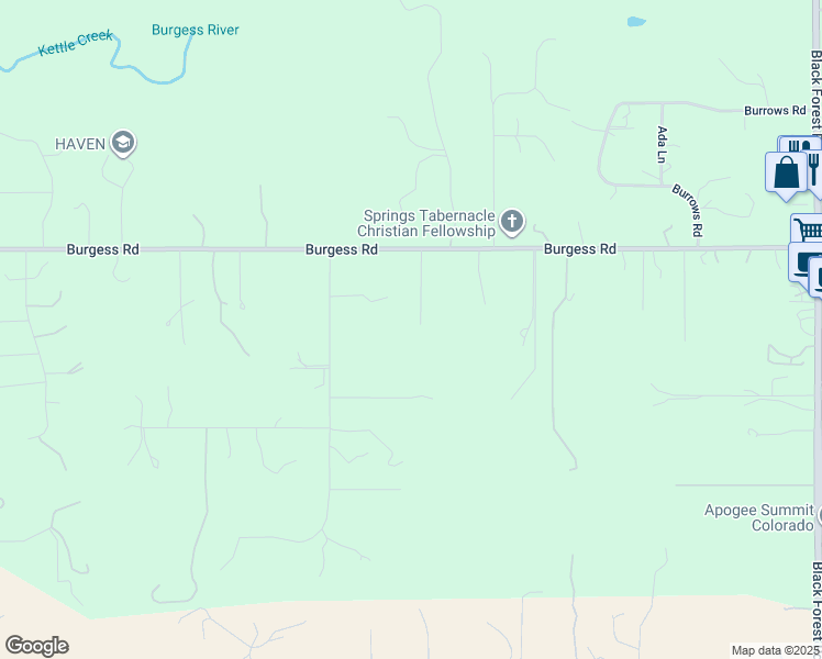 map of restaurants, bars, coffee shops, grocery stores, and more near 5975 Burgess Road in Colorado Springs