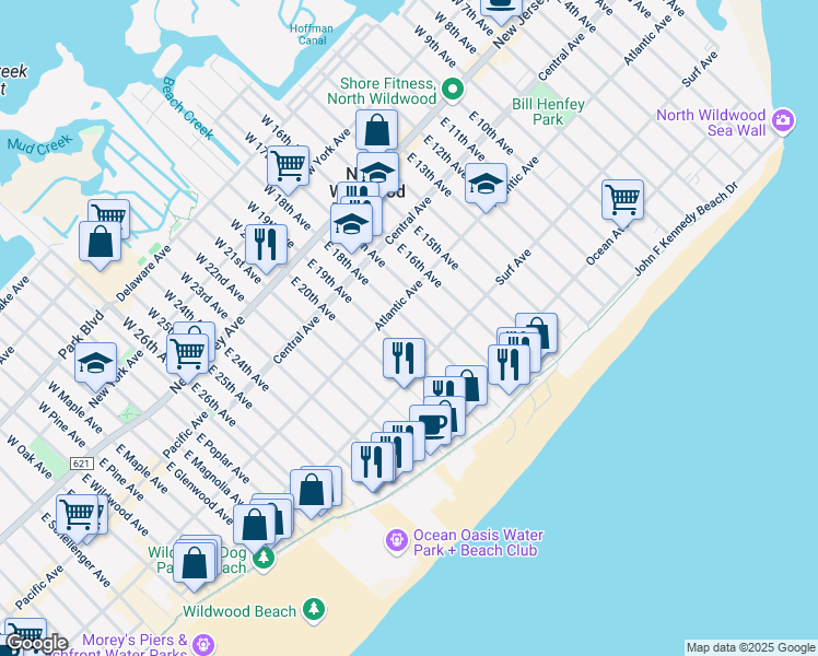 map of restaurants, bars, coffee shops, grocery stores, and more near 307 East 19th Avenue in Wildwood