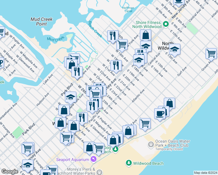 map of restaurants, bars, coffee shops, grocery stores, and more near 106A East 23rd Avenue in Wildwood