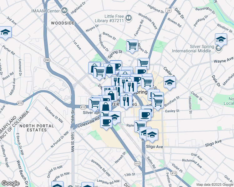 map of restaurants, bars, coffee shops, grocery stores, and more near 101 Independence Avenue Southeast in Washington