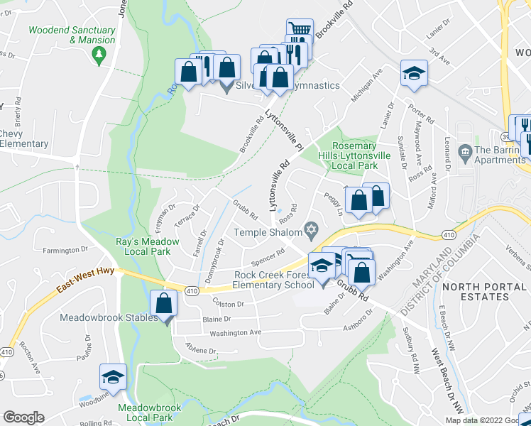 map of restaurants, bars, coffee shops, grocery stores, and more near 2535 Ross Road in Silver Spring
