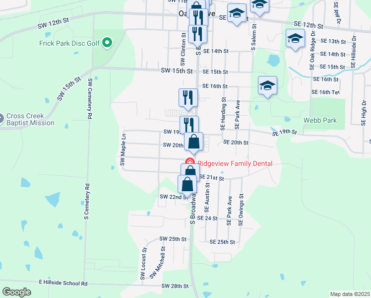 map of restaurants, bars, coffee shops, grocery stores, and more near 108 Southwest 20th Terrace in Oak Grove