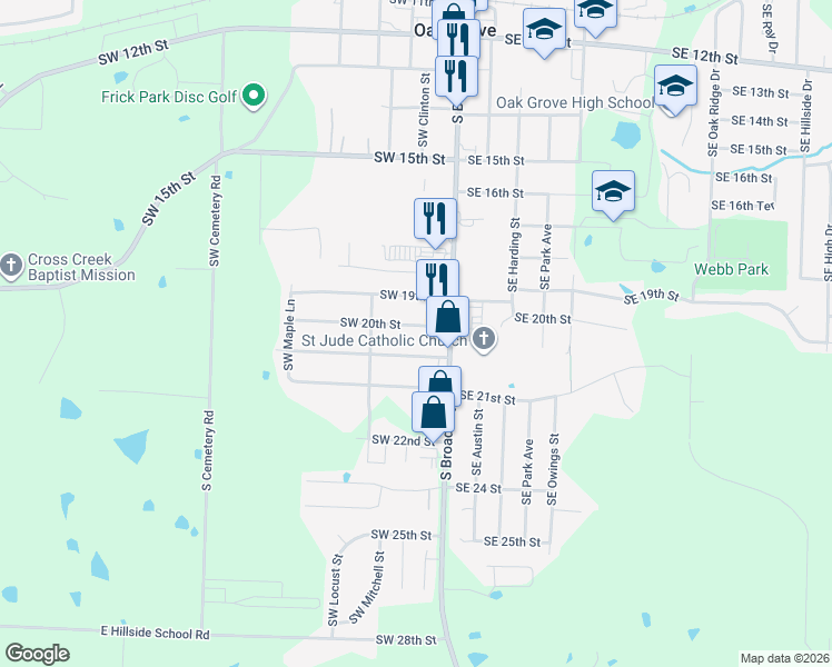map of restaurants, bars, coffee shops, grocery stores, and more near 108 Southwest 20th Terrace in Oak Grove