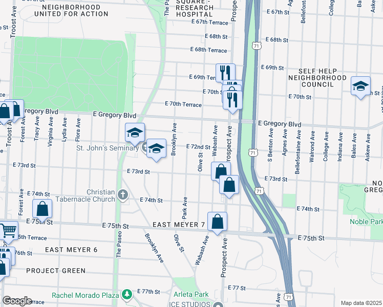 map of restaurants, bars, coffee shops, grocery stores, and more near 7225 Park Avenue in Kansas City
