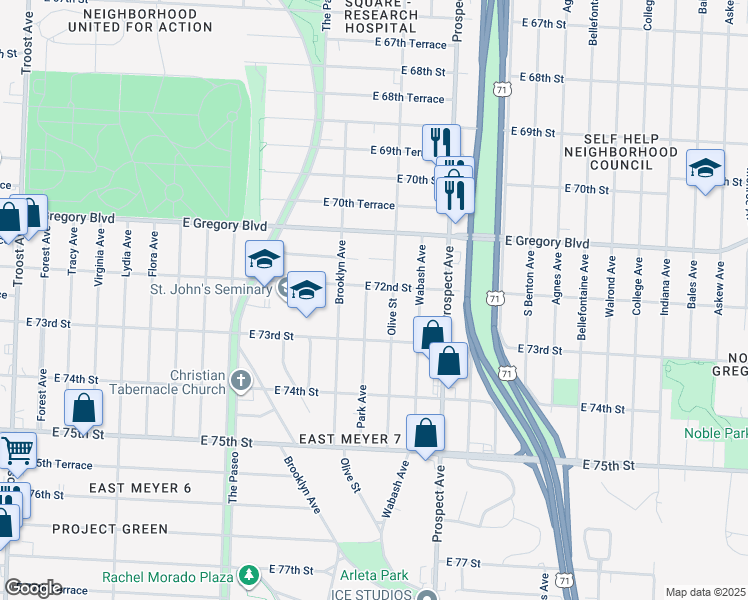 map of restaurants, bars, coffee shops, grocery stores, and more near 7225 Park Avenue in Kansas City