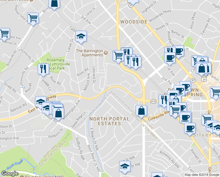 map of restaurants, bars, coffee shops, grocery stores, and more near 1776 East-West Highway in Silver Spring