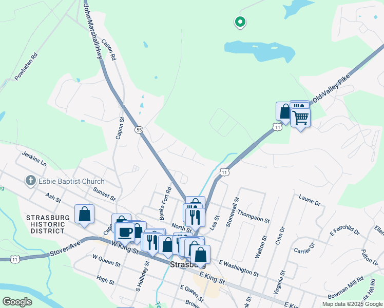 map of restaurants, bars, coffee shops, grocery stores, and more near 107 Cannon Court in Strasburg