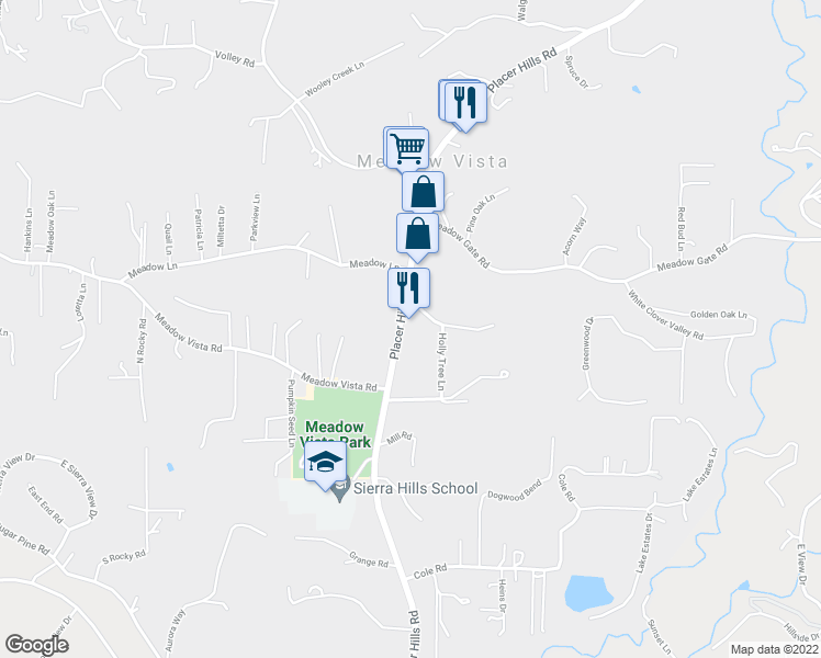 map of restaurants, bars, coffee shops, grocery stores, and more near 16800 Placer Hills Road in Meadow Vista