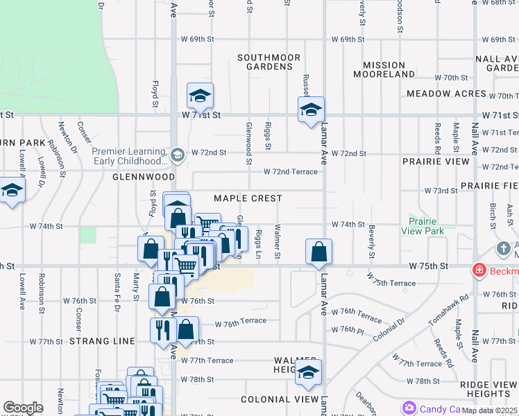 map of restaurants, bars, coffee shops, grocery stores, and more near 6522 West 74th Street in Overland Park