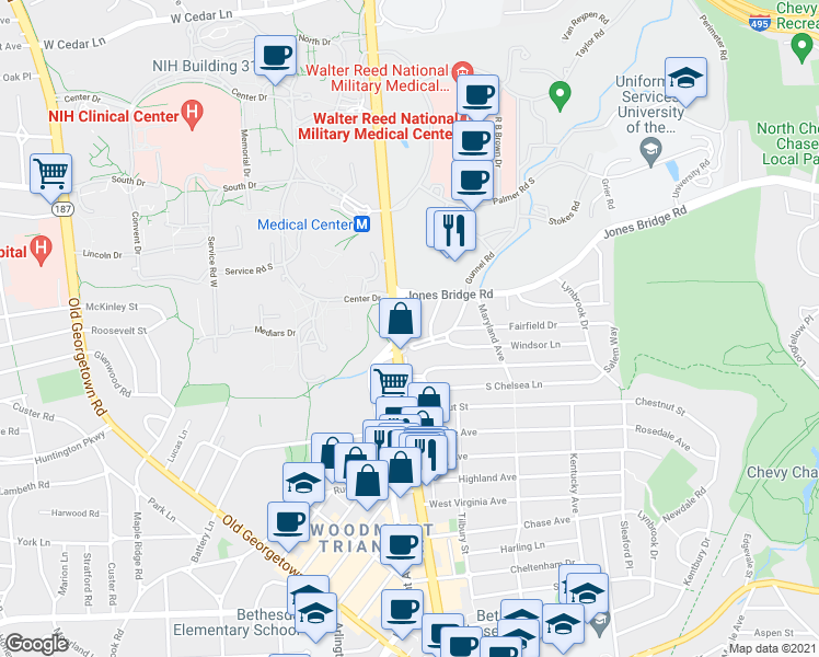 map of restaurants, bars, coffee shops, grocery stores, and more near 8611 Terrace Garden Way in Bethesda