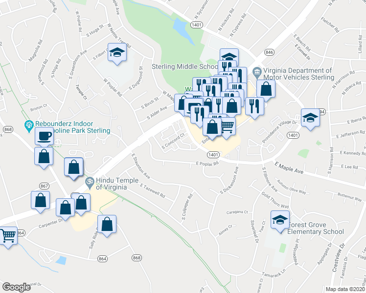 map of restaurants, bars, coffee shops, grocery stores, and more near 725 Colonial Avenue in Sterling