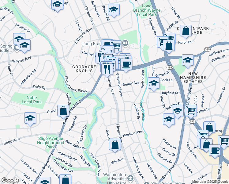 map of restaurants, bars, coffee shops, grocery stores, and more near 8509 Flower Avenue in Takoma Park