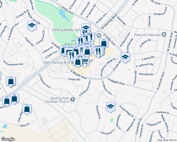 map of restaurants, bars, coffee shops, grocery stores, and more near 34 Essex Square in Sterling