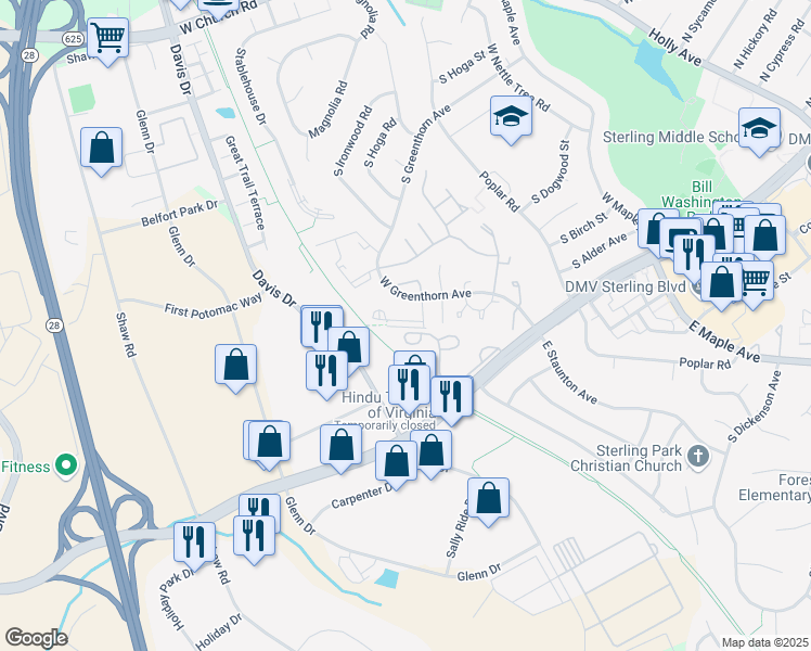 map of restaurants, bars, coffee shops, grocery stores, and more near 1030 Warwick Court in Sterling