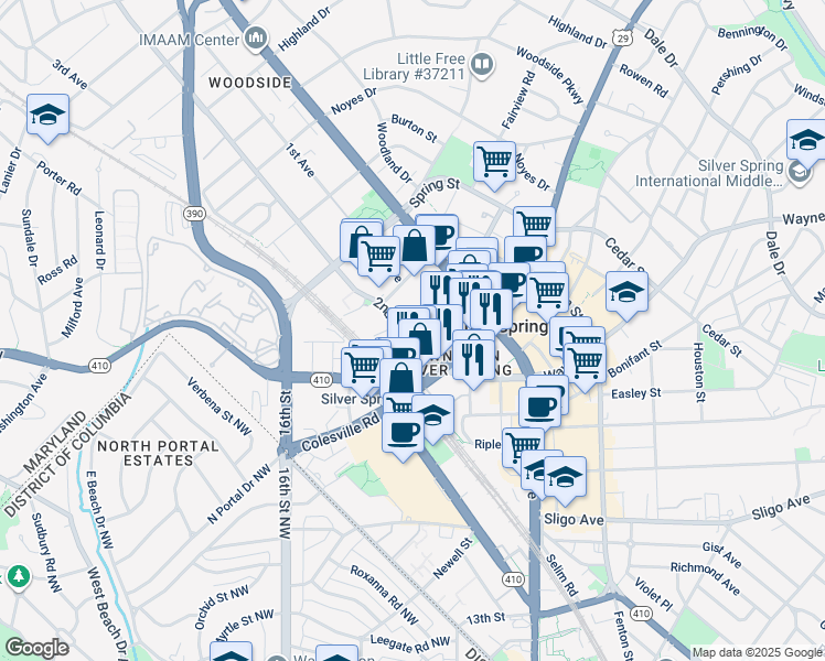 map of restaurants, bars, coffee shops, grocery stores, and more near 8535 2nd Avenue in Silver Spring
