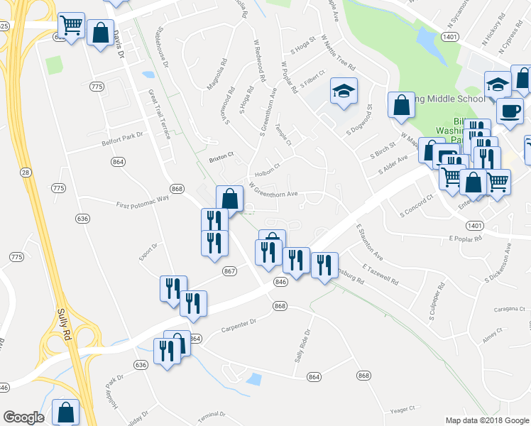 map of restaurants, bars, coffee shops, grocery stores, and more near 1032 Warwick Court in Sterling