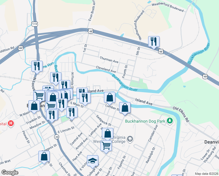 map of restaurants, bars, coffee shops, grocery stores, and more near 30-50 County Route 151 in Buckhannon