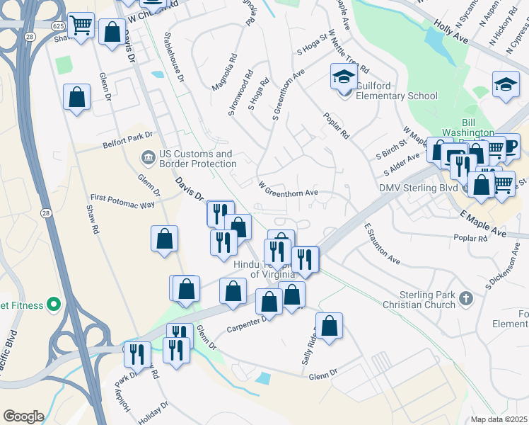 map of restaurants, bars, coffee shops, grocery stores, and more near 1060 Warwick Court in Sterling